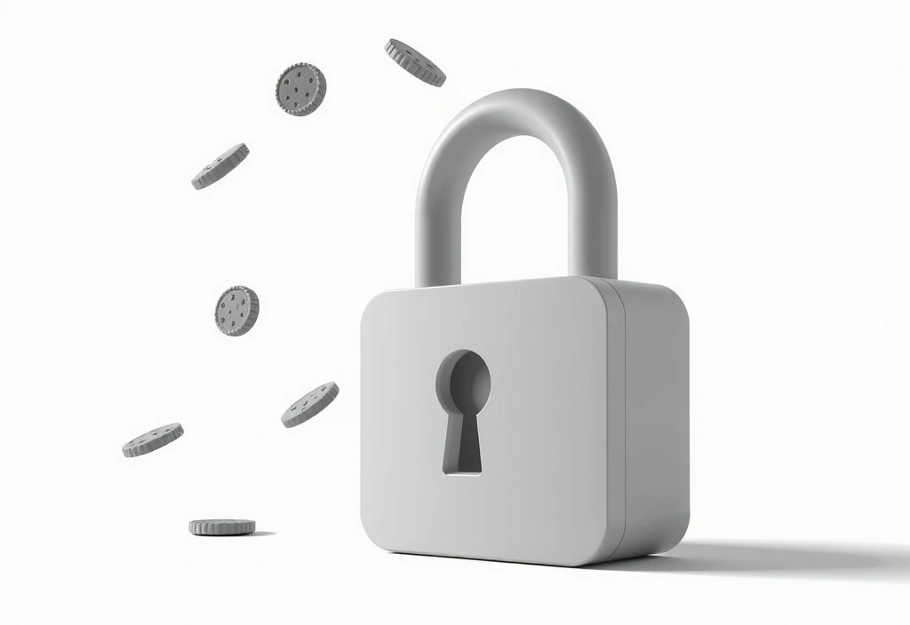 Icona di un lucchetto che simboleggia la sicurezza, con piccoli cookie che fluttuano attorno ad esso.