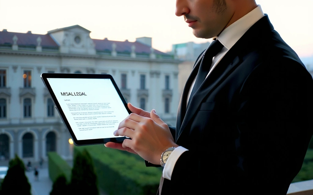 Man reading terms and conditions on a tablet with Milan skyline in the background